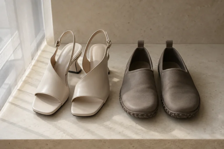 Two pairs of shoes side by side: the photogenic pair and the pair that finishes the route