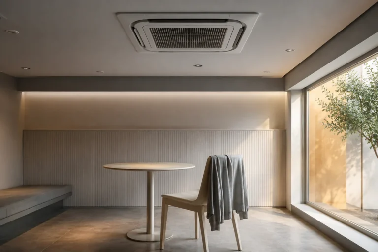 An empty cafe seat directly under an air vent, the cold spot of the room