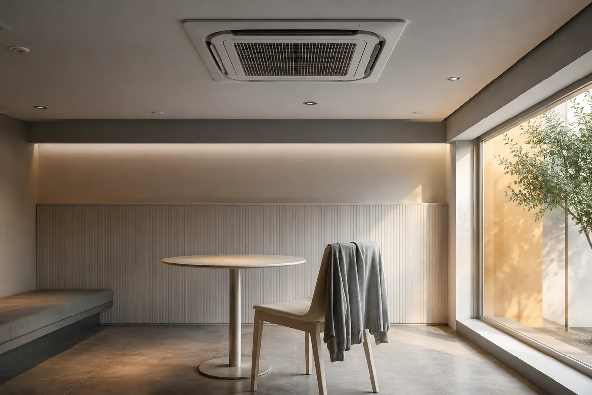An empty cafe seat directly under an air vent, the cold spot of the room