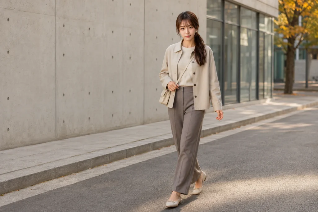 A drama-inspired autumn look built for walking, on a quiet Seongsu street