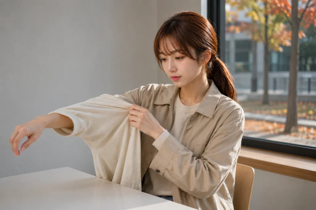 One jacket kept on while the mid layer comes off inside a chilly cafe