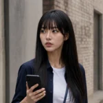 Maya checks the route numbers on her phone against the real Seongsu street