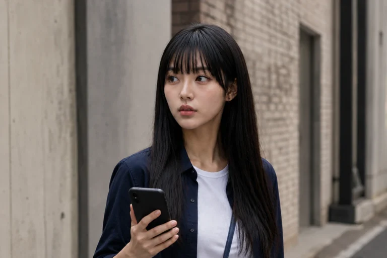 Maya checks the route numbers on her phone against the real Seongsu street
