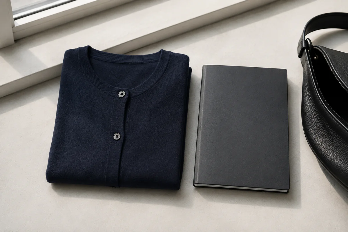 The A5 test: a thin cardigan folded down to the size of an A5 notebook