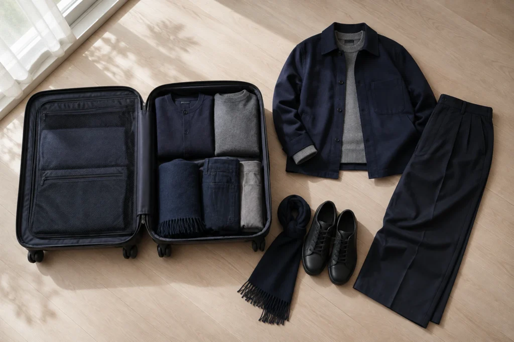 The look out of the suitcase: a carry-on beside a navy flat-lay for a Seoul autumn day