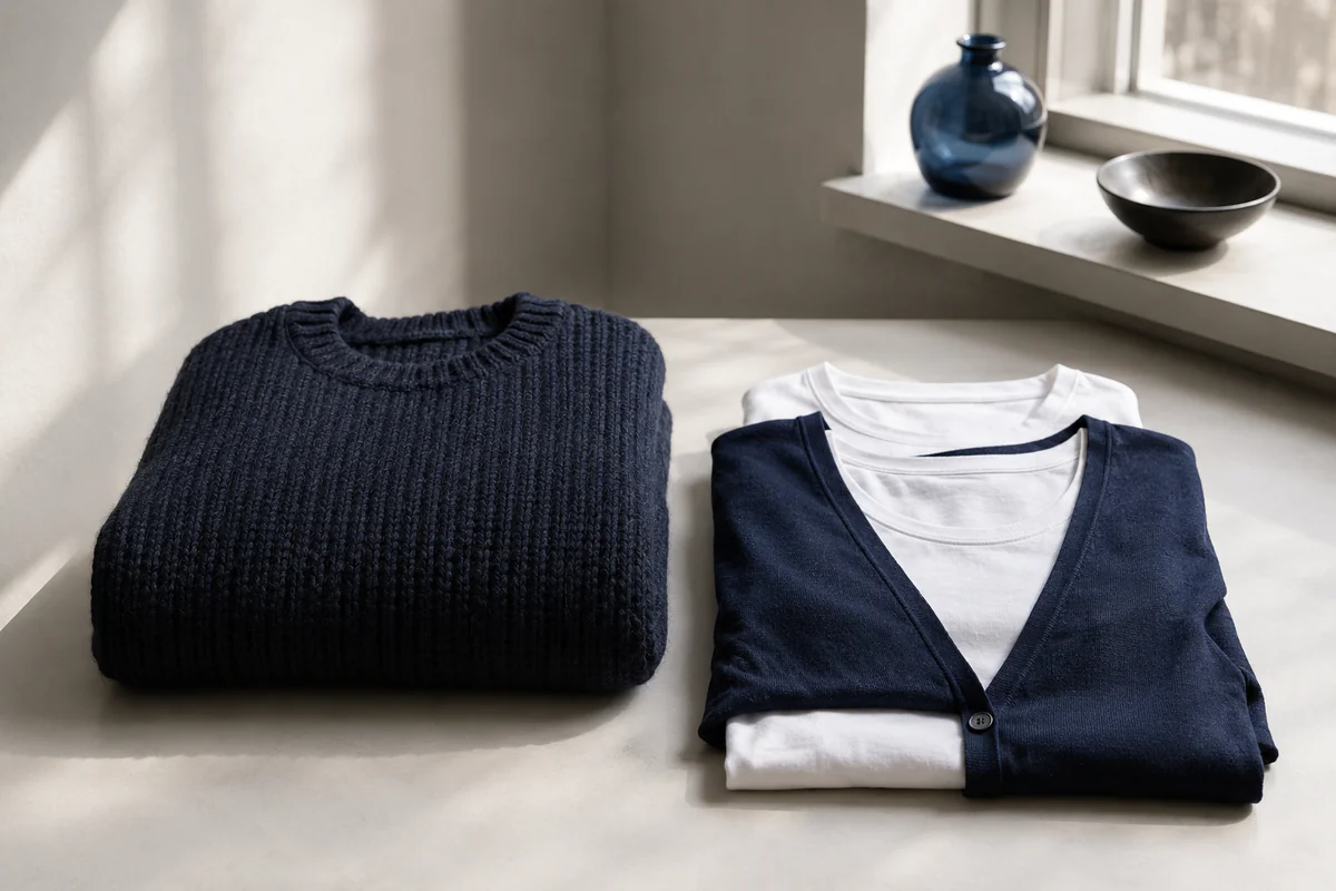 Two thin layers instead of one thick piece: a chunky knit next to a tee-and-cardigan stack