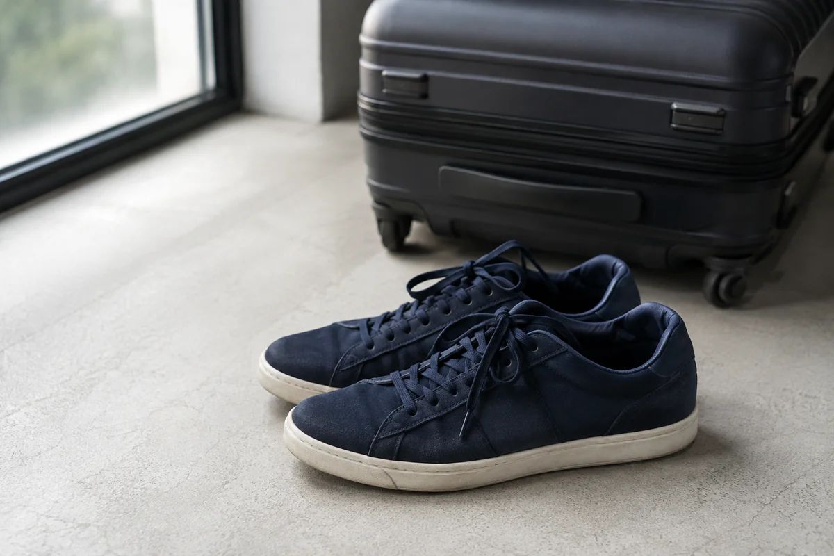 The one-shoe rule: one pair of grippy low-profile sneakers beside the carry-on