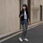 Maya looks up from her phone to the real street ahead on a quiet Seongsu corner