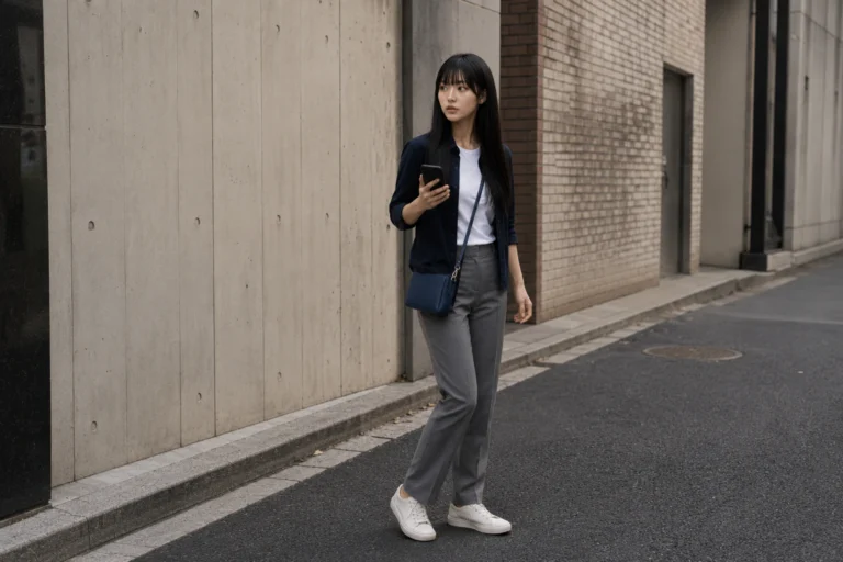 Maya looks up from her phone to the real street ahead on a quiet Seongsu corner