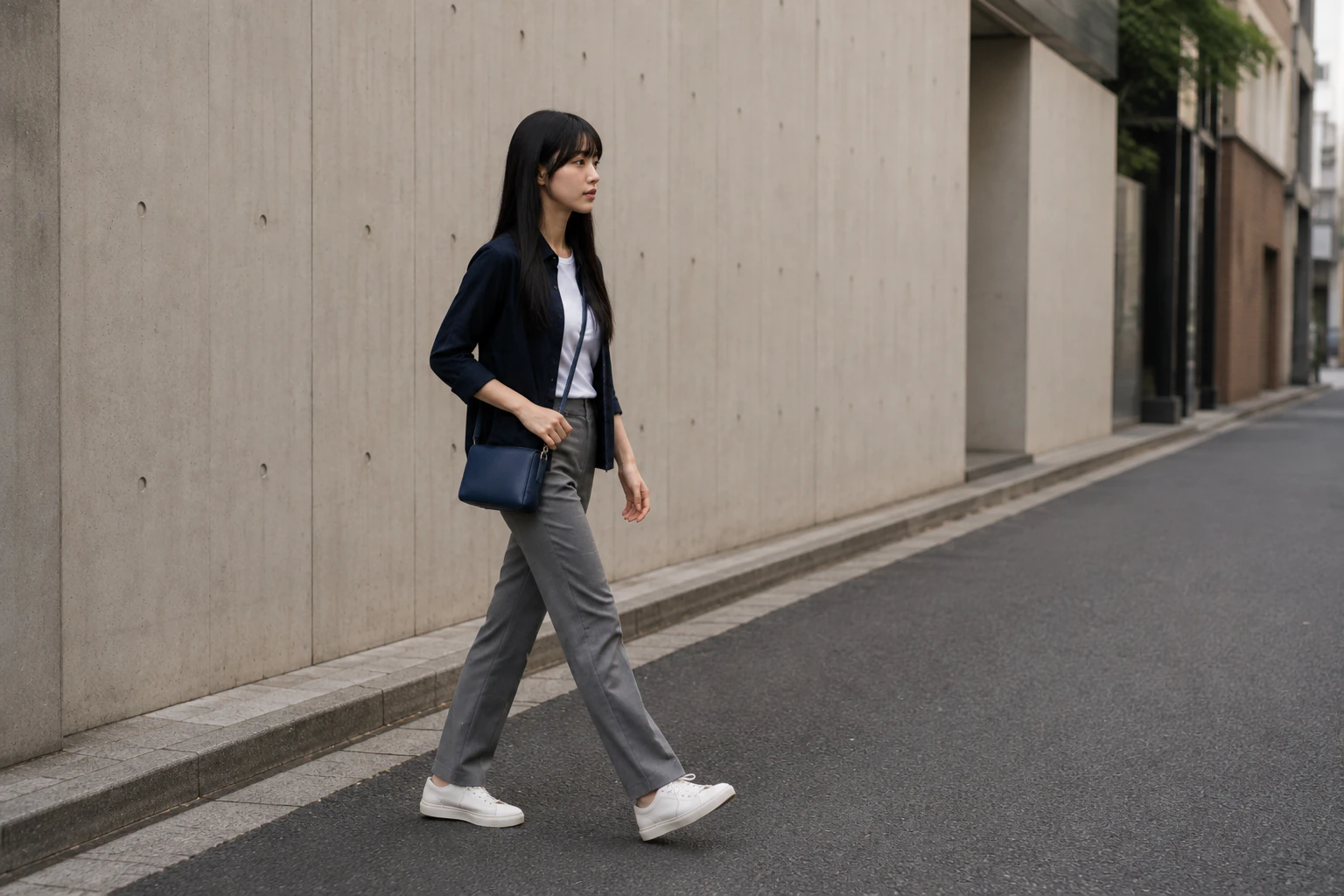 Maya walks a long straight stretch of pavement, mid-leg between stops