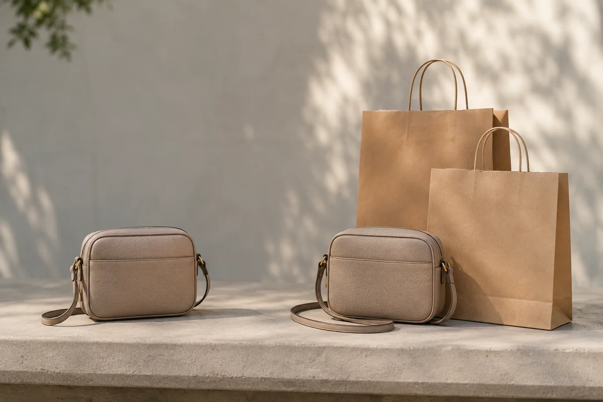 The starting bag next to the same bag plus two plain shopping bags
