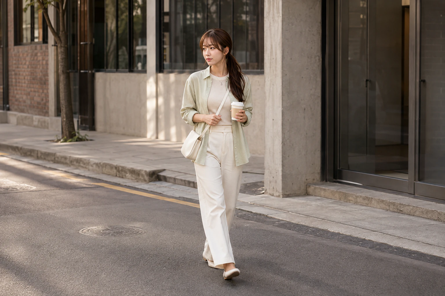 Starting the Seongsu route early, takeout coffee in hand on an empty side street