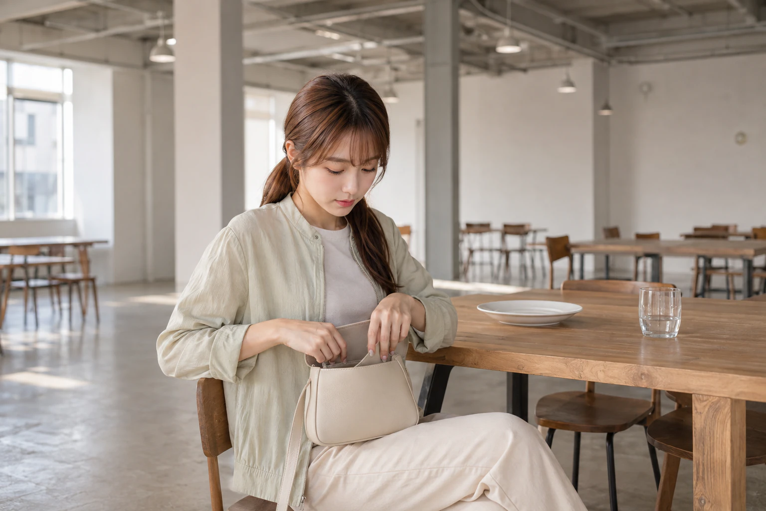 A lunch reset in a high-ceiling dining hall, repacking the small crossbody