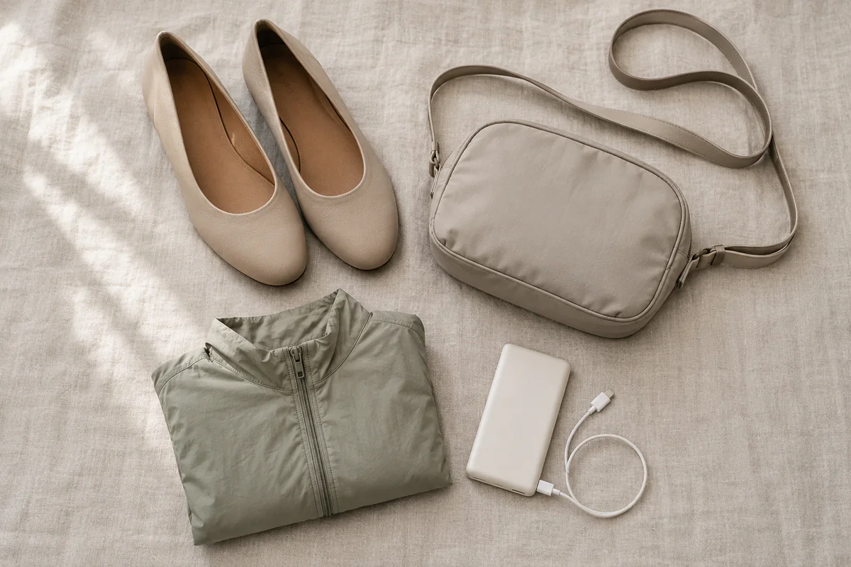 Route-day essentials laid flat: flat shoes, a small crossbody, a packable layer, a power bank