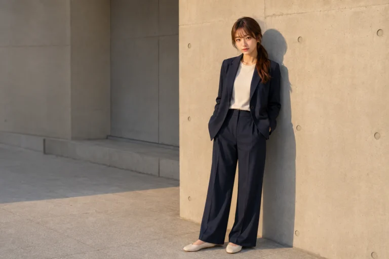 A quiet office-palette look translated for a walkable Seoul afternoon