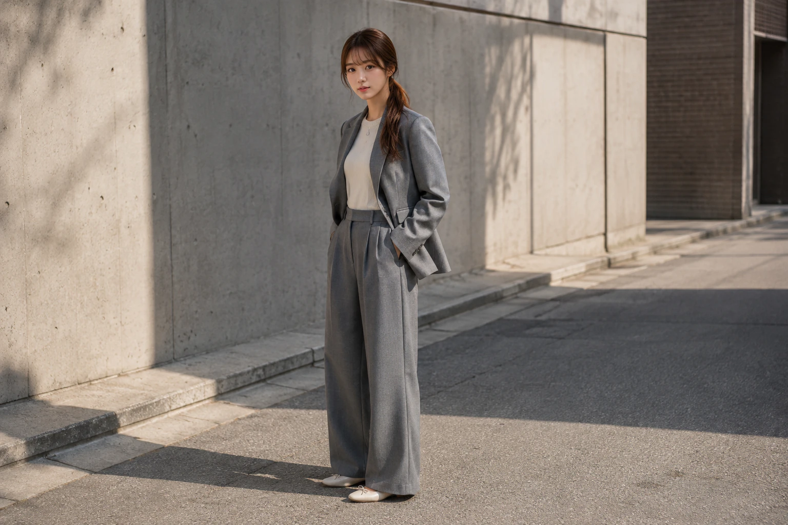 The 12-16°C formula: structured grey jacket, thin ivory knit, wide trousers, flats