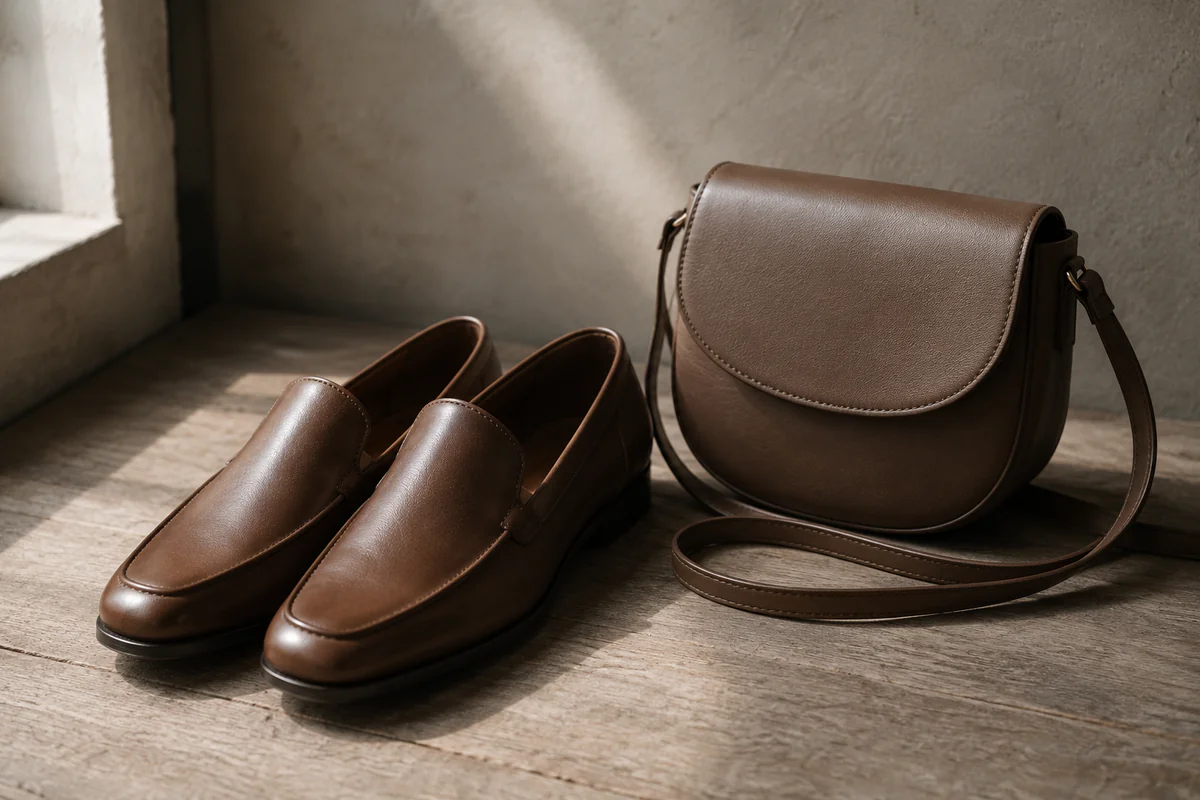 Plain loafers and a small crossbody bag in raking window light
