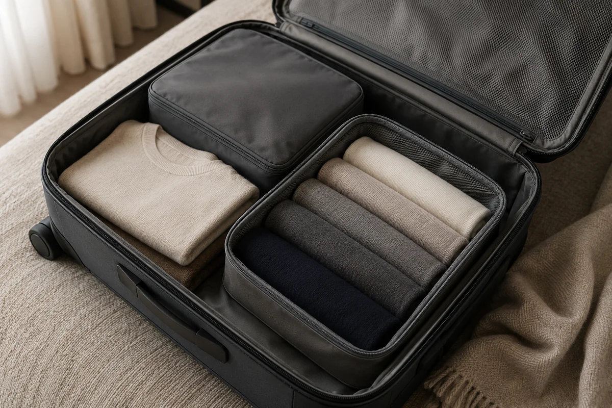 Thin layers folded to A5 size inside an open carry-on