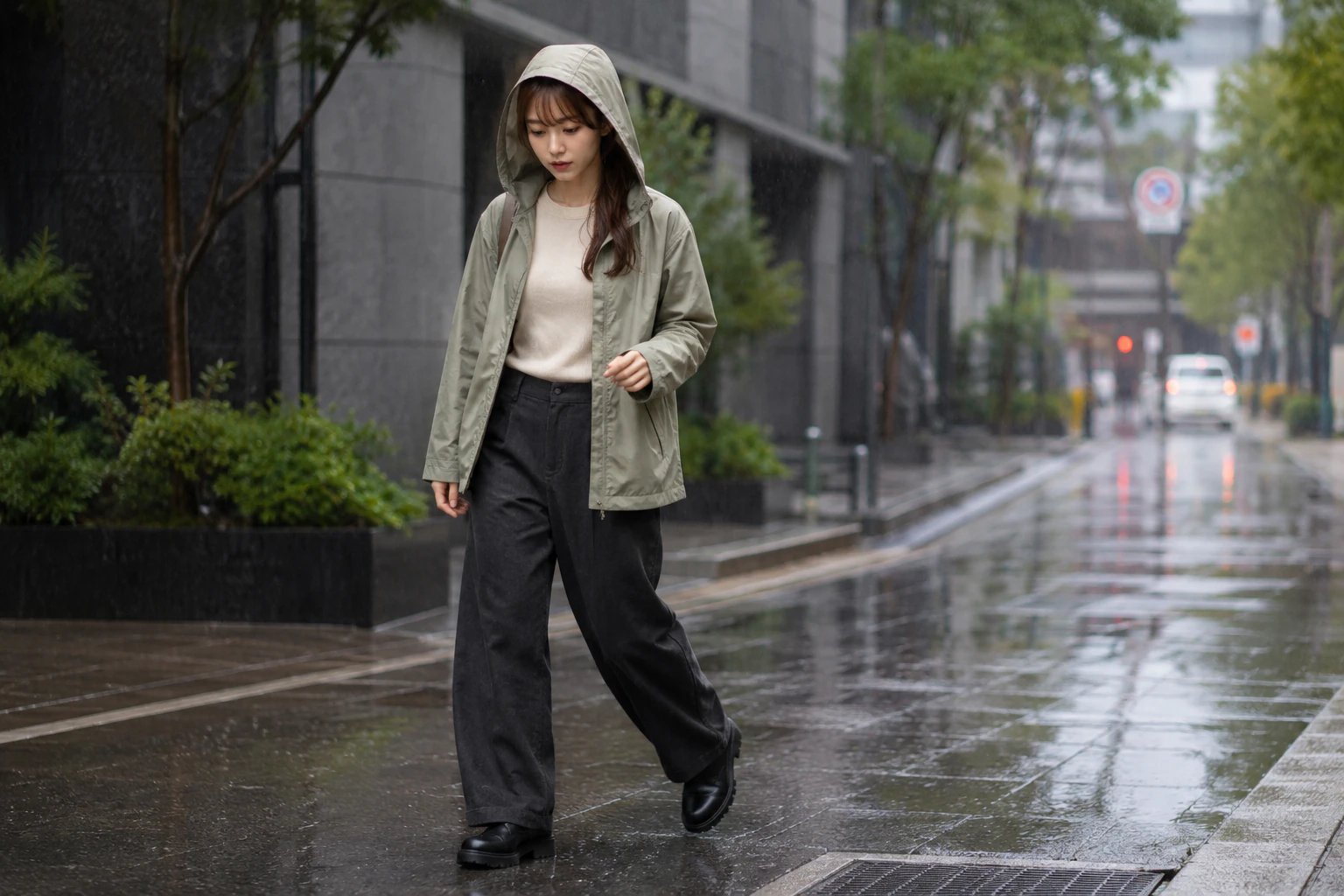 The rainy-day formula: a short waterproof layer with the hood up, grippy flat shoes