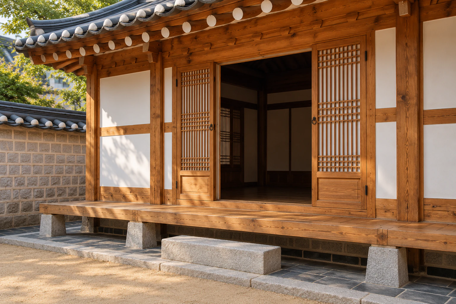 An open door and veranda of a hanok wing on one side of a courtyard, the inside dark, no people. Editorial image.