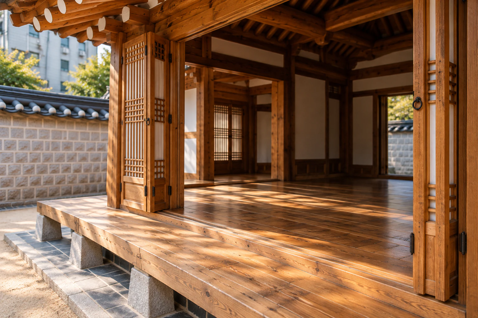 Close view of a wooden hall floor and lattice doors, afternoon light. Editorial image.