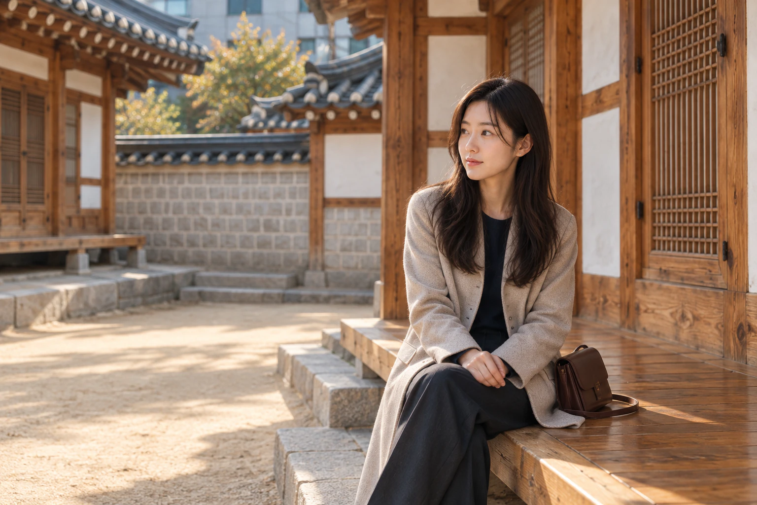 A young woman at three-quarter sitting on a wooden veranda looking at the courtyard, long dark-chocolate wavy hair, pale stone coat. Editorial image.