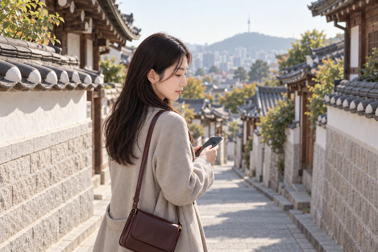 在巷子上方放下手機、從位置退開的年輕女子四分之三背影，長波浪髮，淺石色大衣。編輯圖片。
