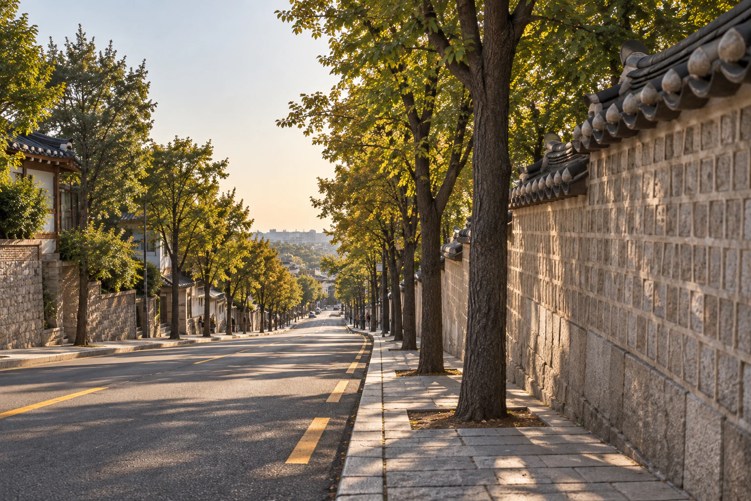 下坡道路右邊的宮牆和南端的市區建築。編輯圖片。