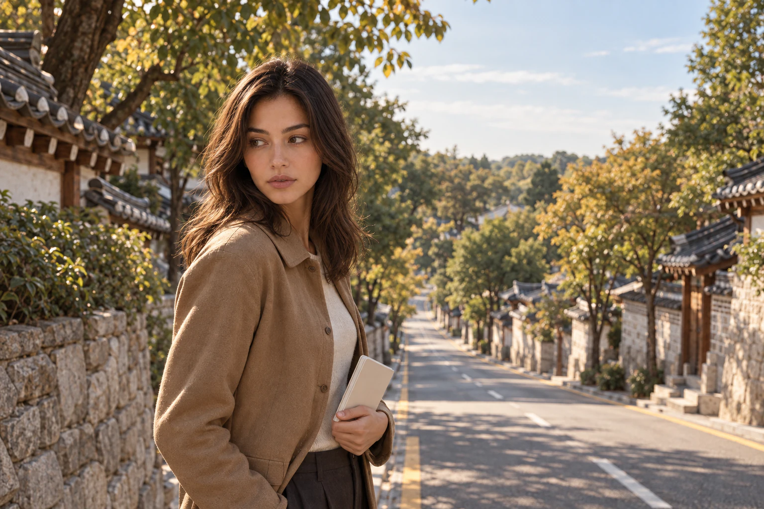 在公園入口樹下回頭看下坡道路的年輕女子腰部以上，深栗色波浪髮。編輯圖片。