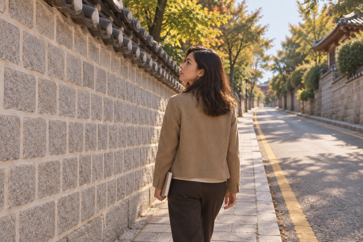 沿宮牆邊人行道往上走的高挑年輕女子四分之三背影，深栗色波浪髮，駝色外套，筆記本。編輯圖片。