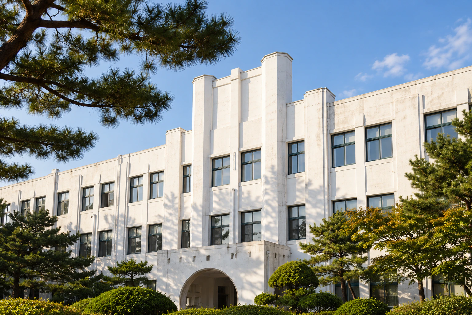 A close view of a white façade with horizontal rows of windows and a stepped central tower. Editorial image.