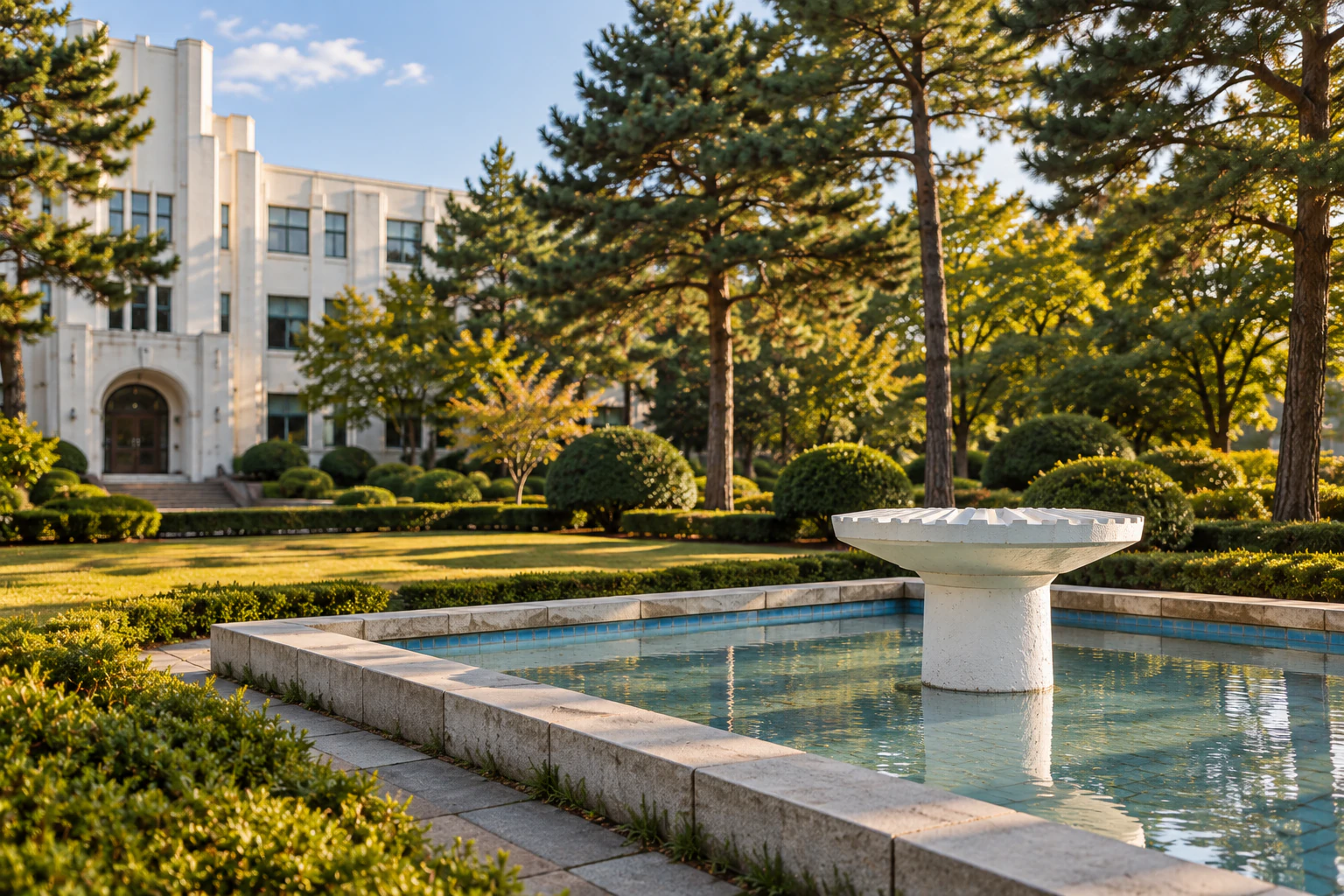 A white fountain basin with a low step around it in the middle of a lawn garden, pines beside it. Editorial image.