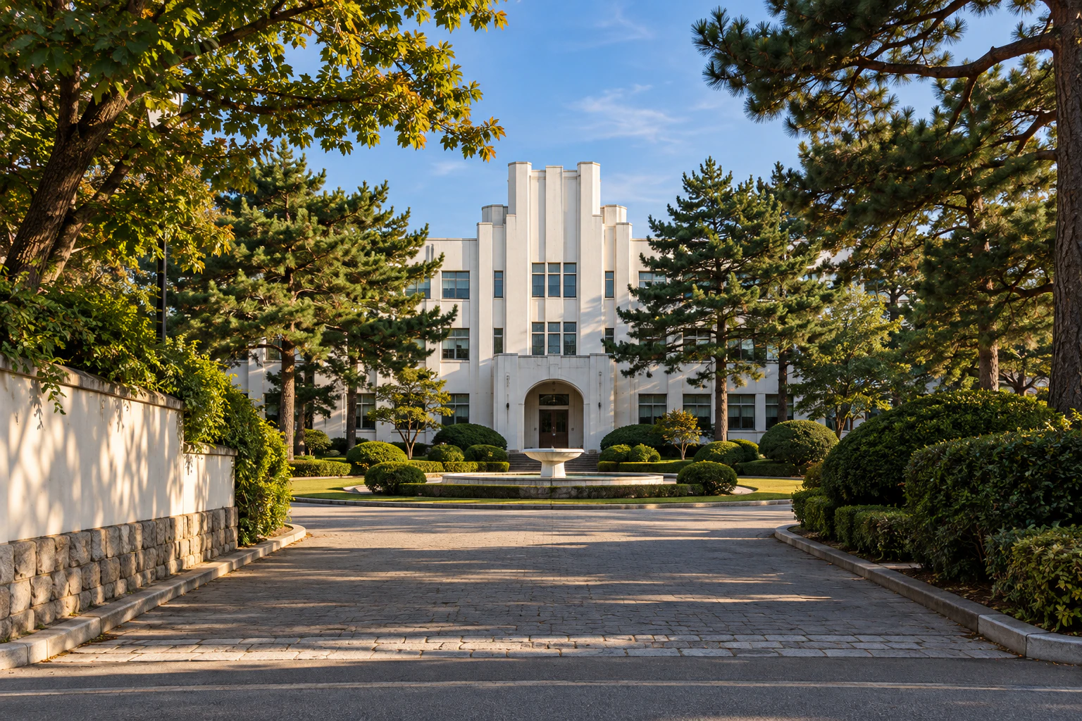 A wide-open entrance drive with lawn and a white building beyond, no lettering. Editorial image.