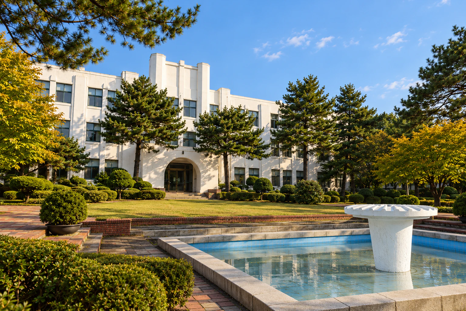 A white three-storey building seen head-on across a lawn garden, with a stepped central tower and an arched porch, a fountain basin and pines in front. Editorial image.
