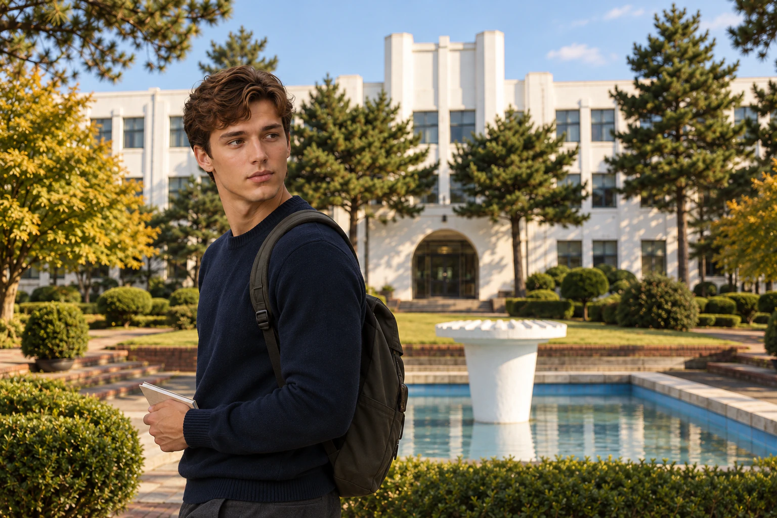 A young man from the waist up facing the camera and looking back from a drive, navy sweater, a blurred white building behind. Editorial image.