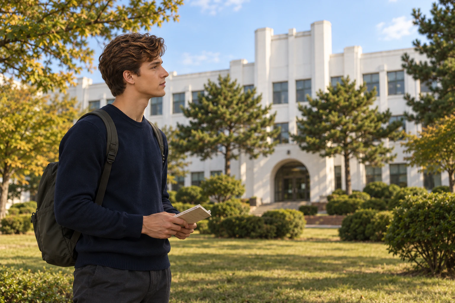 A young man in profile from the waist up looking at a white building from a garden, navy sweater. Editorial image.
