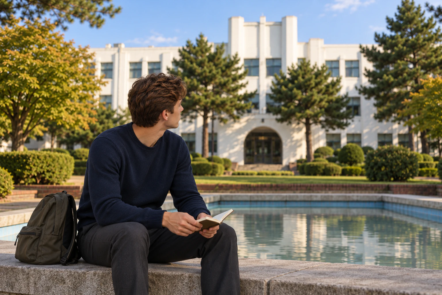 A young man sitting on the step beside a fountain basin looking at a building, from the knees up, a notebook. Editorial image.