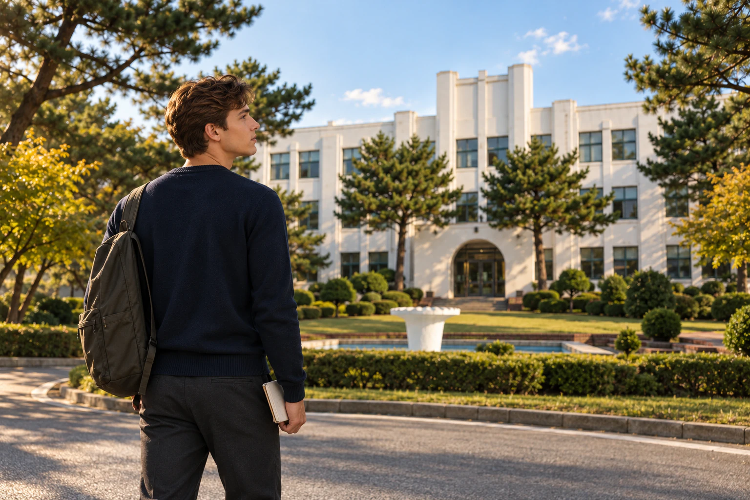 A young man seen from behind in three-quarter view looking up at a white building from the mouth of a drive, navy sweater, olive backpack. Editorial image.