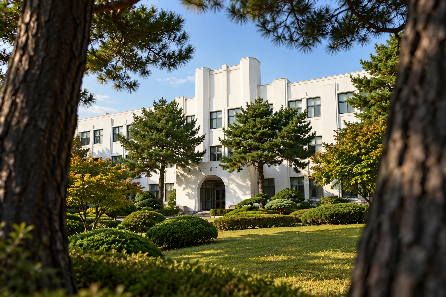 The front of a white building seen between pine trunks. Editorial image.