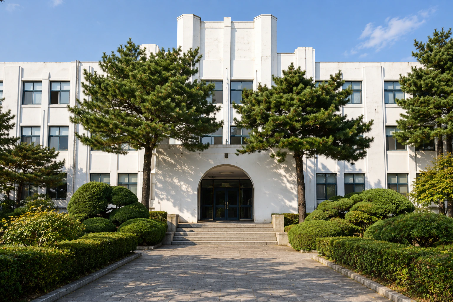 The arched porch of a white building’s front, no people, no lettering. Editorial image.