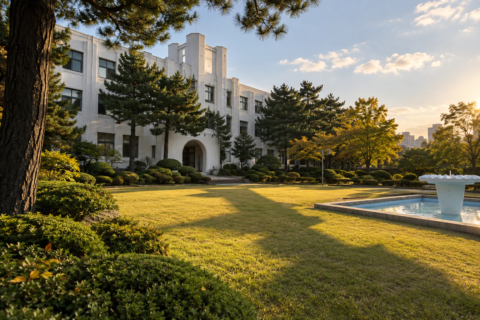 The long shadow of a building’s tower reaching down onto a lawn in afternoon light. Editorial image.