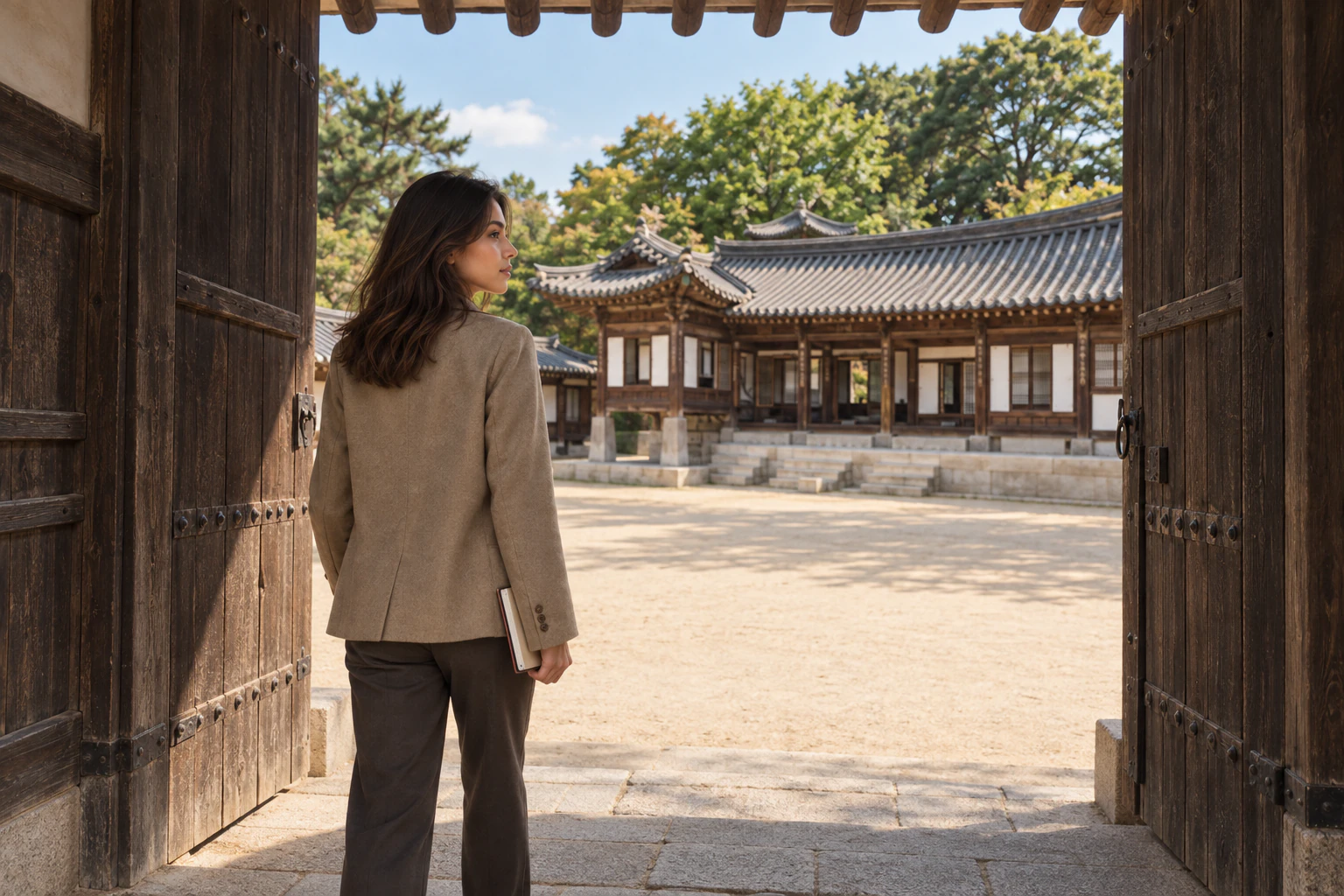 穿著駝色外套、穿過韓屋大門望向院子的年輕女性側面。編輯圖片。