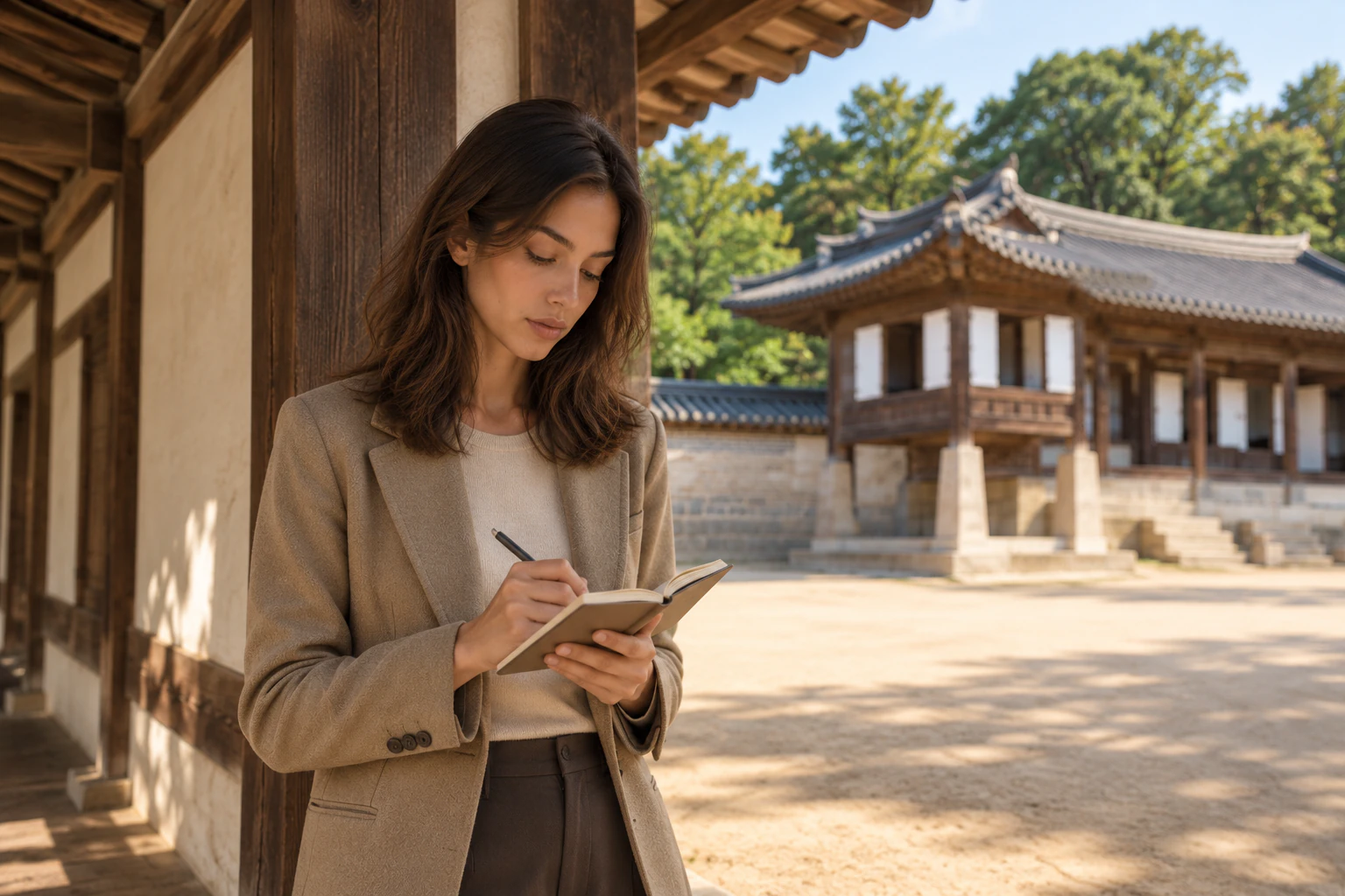 站在韓屋行閣陰影下、在小筆記本上寫字的年輕女性,腰部以上。編輯圖片。