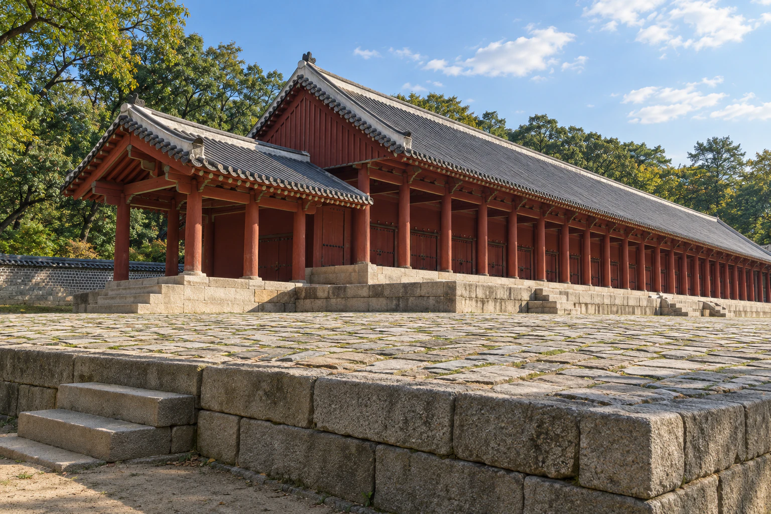 긴 기와지붕의 삼각형 옆면과 높은 돌 기단, 직각으로 붙은 부속 건물, 사람 없음. 편집 이미지.