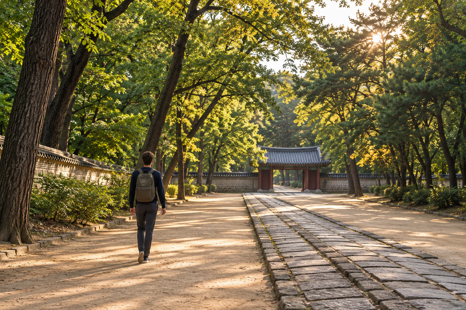 늦은 오후 나무 사이 흙길을 걸어 나가는 젊은 남성의 뒷모습 원경. 편집 이미지.
