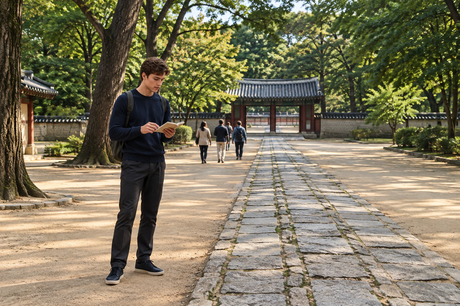 나무 아래 흙길 옆에서 작은 수첩을 보는 젊은 남성의 전신, 뒤쪽에 등을 돌린 방문객 몇 명. 편집 이미지.