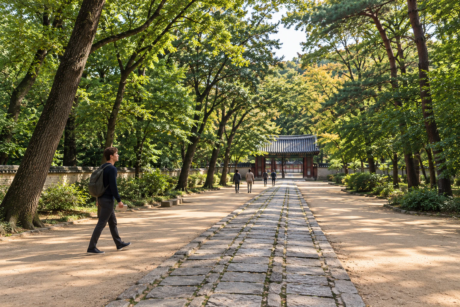 높은 나무 사이 돌길 옆 흙길을 걷는 젊은 남성의 옆모습. 편집 이미지.