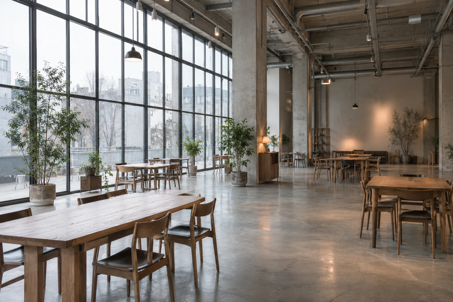 An empty converted-factory cafe hall in Seongsu with a high ceiling, exposed ducts, a tall wall of steel-framed glass and spaced wooden tables in soft daylight