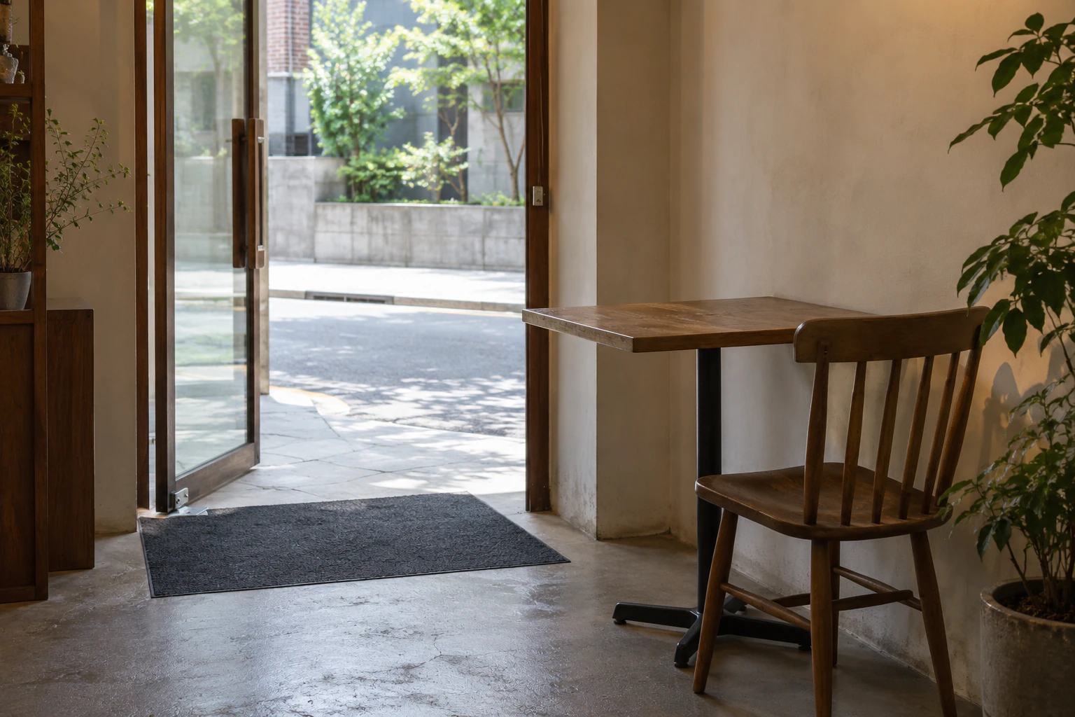 A half-open glass entrance door of a cafe with a dark floor mat and a small empty wooden table and chair right beside the door path, daylight coming through the opening