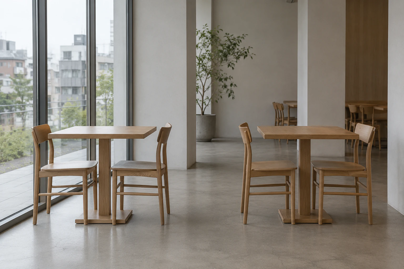 Two identical empty wooden cafe tables in even overcast daylight, one set against a floor-to-ceiling window and the other further into the room